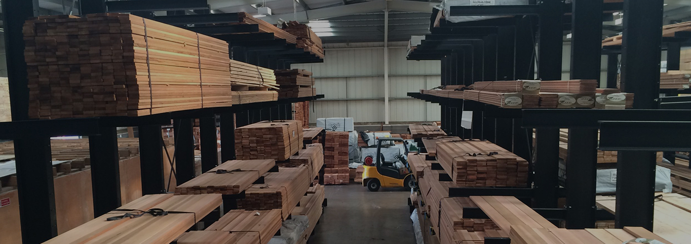 Warehouse using cantilever racking system for wood storage